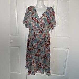 Indigo Rose Green Paisley Flutter Sleeve Pleated Dress